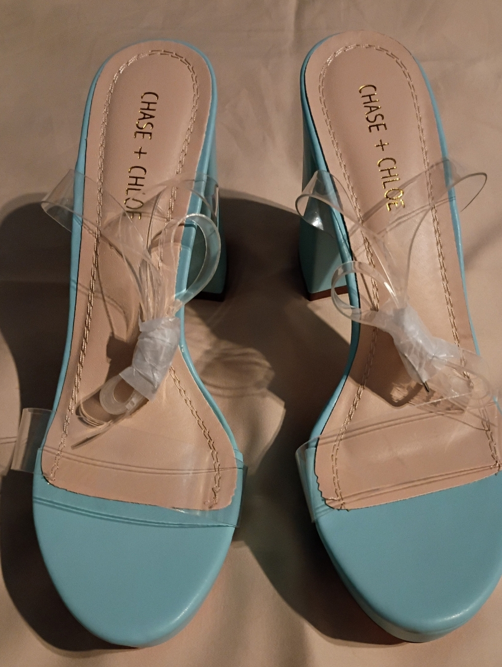 NWT Chase + Chloe Light Blue Hela-1 Blue Block Heel Mules with Clear Straps-8.5